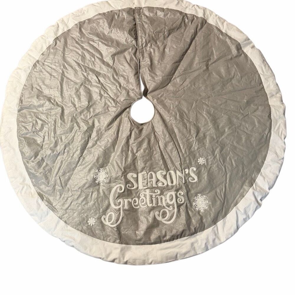 Seasons Greetings Christmas Tree Skirt Silver Metallic White 3D Like 56” Cotton